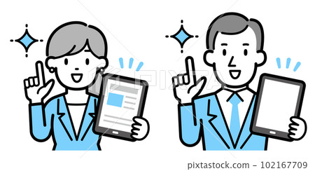 Illustration of a business person man and woman with a tablet PC 102167709