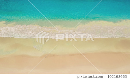 Beach and azure sea with waves from top view. Beach and azure sea with waves from top view. 102168663