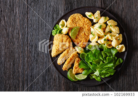 breaded chicken fillet with alfredo pasta shells breaded chicken fillet with alfredo pasta shells 102169933