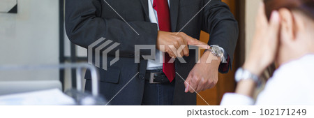 Business analysis concept, Senior business pointing on wrist watch and reprimand when late meeting Business analysis concept, Senior business pointing on wrist watch and reprimand when late meeting 102171249
