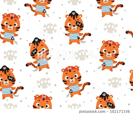 Cute little pirate tiger seamless childish pattern. Funny cartoon animal character for fabric, wrapping, textile, wallpaper, apparel. Vector illustration 102171336
