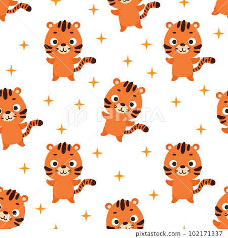 Cute little tiger seamless childish pattern. Funny cartoon animal character for fabric, wrapping, textile, wallpaper, apparel. Vector illustration Cute little tiger seamless childish pattern. Funny cartoon animal character for fabric, wrapping, textile, wallpaper, apparel. Vector illustration 102171337