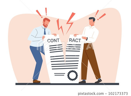 Two businessmen tear contract, business agreement in half. ending cooperation and relationships. conflict or misunderstanding. Angry men break document. Cartoon flat isolated vector concept 102173373