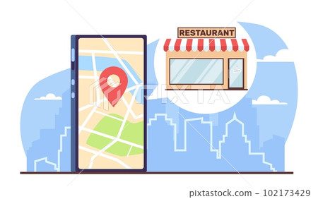 Phone navigation app to find good restaurant. Gprs application, huge smartphone with city map on device screen, cafe building, online navigator cartoon flat style isolated vector concept 102173429
