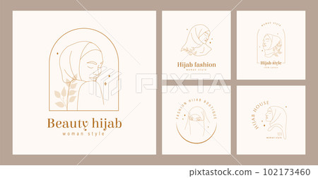 Set of Hijab store logos. Linear female portraits with closed eyes. Vector illustration in one line style. Arabian woman wear store Set of Hijab store logos. Linear female portraits with closed eyes. Vector illustration in one line style. Arabian woman wear store 102173460