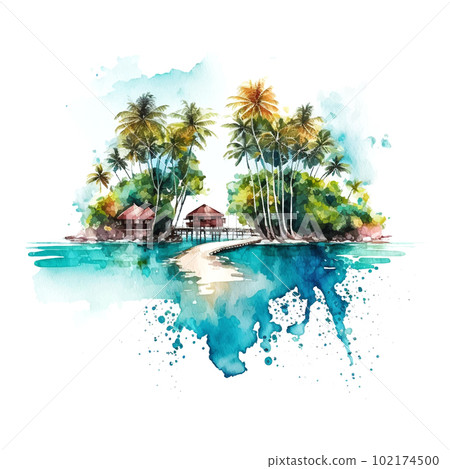 Watercolor scenic landscape maldives watercolor. White color background. Nature beauty. Aerial view. Luxury background. Summer seascape. Amazing nature background. Relax day. 102174500