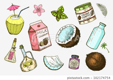 Coconut and palm leaf, Milk packaging, glass bottle, butter, cosmetic cream jar, cocktail with Coconut and palm leaf, Milk packaging, glass bottle, butter, cosmetic cream jar, cocktail with 102174754