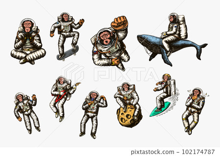 Monkey astronaut with whale, guitar, skateboard and moon. Chimpanzee spaceman cosmonaut characters Monkey astronaut with whale, guitar, skateboard and moon. Chimpanzee spaceman cosmonaut characters 102174787