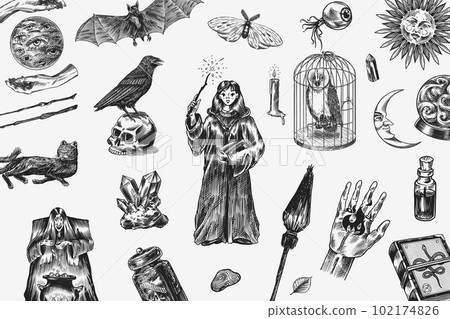 Witch brews a potion in a cauldron. Magic ball, book of spells, black cat, beldam and sorcery, Crow Witch brews a potion in a cauldron. Magic ball, book of spells, black cat, beldam and sorcery, Crow 102174826