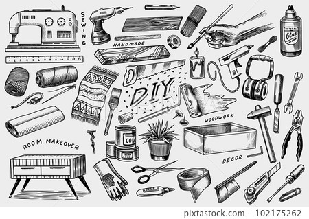 DIY icons. Hardware Shop concept. Glue, wood planks, sewing machine. Tools or instruments for home 102175262