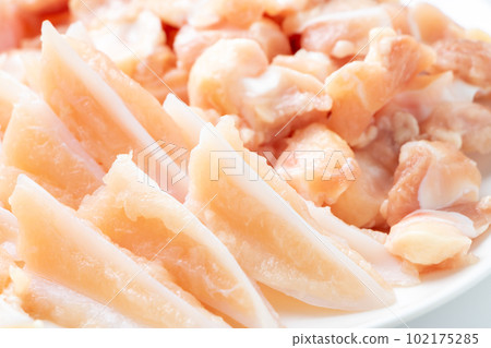 Assorted close-up of two types of chicken cartilage (knee cartilage and bevel cartilage). Assorted close-up of two types of chicken cartilage (knee cartilage and bevel cartilage). 102175285