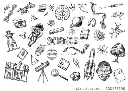 Science banner. Engraved hand drawn in old sketch and vintage style. Astronaut and rocket Science banner. Engraved hand drawn in old sketch and vintage style. Astronaut and rocket 102175398