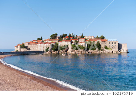 Beautiful summer landscape of Adriatic coast in Budva Riviera with view of Sveti Stefan, Montenegro 102175719