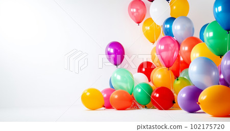 colorful party balloons on white background. Festive party and Happy birthday decoration with copy space. set of multicolored balloons 102175720