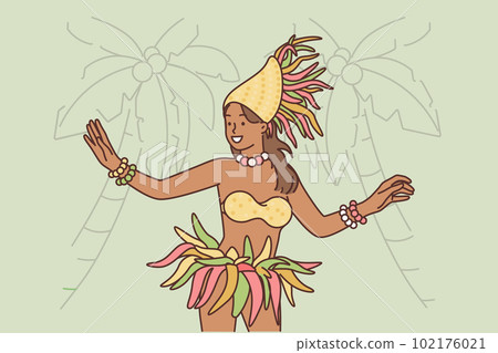 Polynesian woman performs exotic dance to entertain tourists visiting tropical island Polynesian woman performs exotic dance to entertain tourists visiting tropical island 102176021