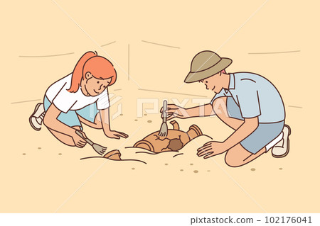 Archaeologists at excavations of ancient city clean artifacts of medieval civilizations 102176041