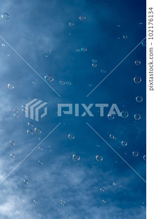Numerous Colorful Soap Bubbles Float In Mid-Air In Front Of Blue Sky 102176134