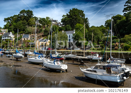 Harbor Of Medieval Village And Artist Enclave Pont Aven At Finistere River Aven In Brittany, France Harbor Of Medieval Village And Artist Enclave Pont Aven At Finistere River Aven In Brittany, France 102176149