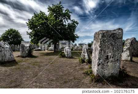 Ancient Stone Field Kerzerho Cruzuno With Neolithic Megaliths And Cottage Near Finistere Village Carnac In Brittany, France Ancient Stone Field Kerzerho Cruzuno With Neolithic Megaliths And Cottage Near Finistere Village Carnac In Brittany, France 102176175
