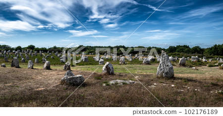 Ancient Stone Field Alignements De Menhir Carnac With Neolithic Megaliths In Brittany, France 102176189