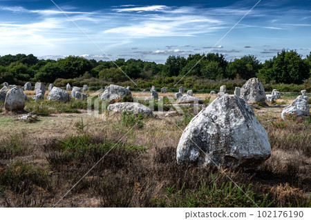 Ancient Stone Field Alignements De Menhir Carnac With Neolithic Megaliths In Brittany, France 102176190