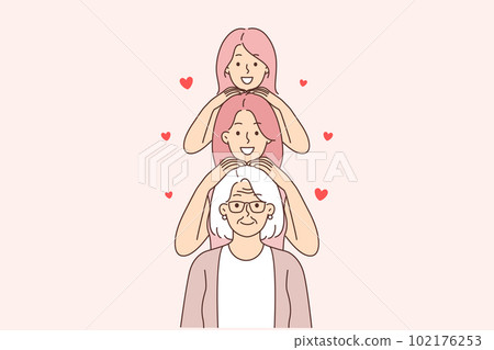 Three generations of happy women standing in row, from grandmother and mother with daughter Three generations of happy women standing in row, from grandmother and mother with daughter 102176253