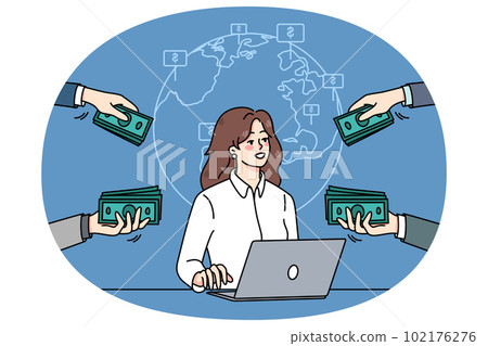 Businesswoman work on computer get money internationally 102176276