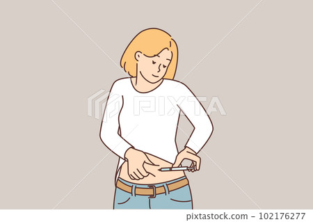 Woman with diabetes uses insulin pen to inject drug to help lower their blood sugar levels 102176277