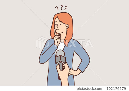 Thoughtful woman near microphone in hand of reporter interviewing passers-by and making question Thoughtful woman near microphone in hand of reporter interviewing passers-by and making question 102176279