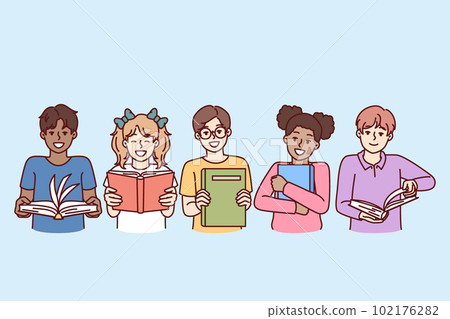 Little diverse kids with books smile and look at screen for happy childhood concept Little diverse kids with books smile and look at screen for happy childhood concept 102176282