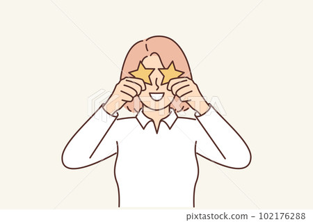 Woman hides eyes behind stars demonstrating assessment of quality of service in restaurant Woman hides eyes behind stars demonstrating assessment of quality of service in restaurant 102176288