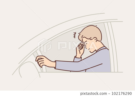 Man car driver feels exhausted or anxious due to work overload and financial problems Man car driver feels exhausted or anxious due to work overload and financial problems 102176290