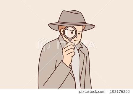 Man detective use magnifying glass to investigate crime scene or looking for necessary information 102176293