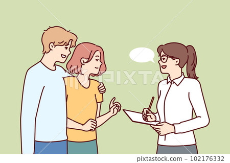 Couple takes social survey answering interviewer questions and evaluating quality of services Couple takes social survey answering interviewer questions and evaluating quality of services 102176332