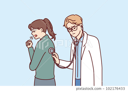Doctor uses stethoscope examining coughing patient and auscultating woman suffering from flu  102176433