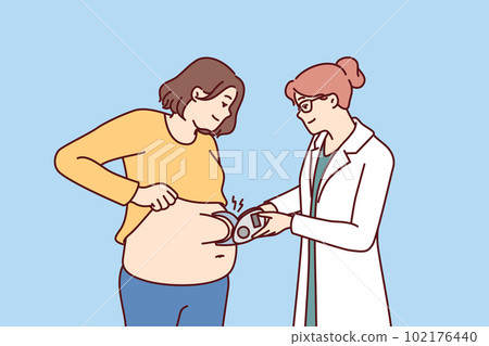 Woman nutritionist measures size of fat layer in overweight patient to give recommendations Woman nutritionist measures size of fat layer in overweight patient to give recommendations 102176440