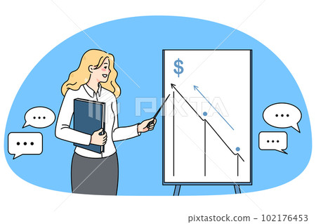 Businesswoman present innovative idea on flipchart Businesswoman present innovative idea on flipchart 102176453