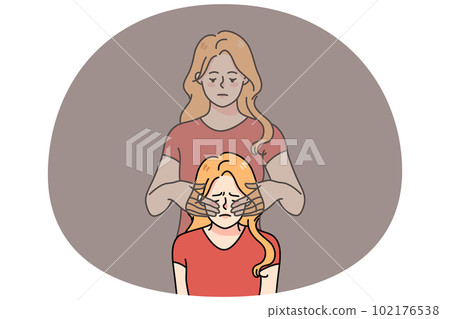 Unhappy woman have eyes covered by ghost hands Unhappy woman have eyes covered by ghost hands 102176538