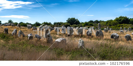 Ancient Stone Field Alignements De Menhir Carnac With Neolithic Megaliths In Brittany, France Ancient Stone Field Alignements De Menhir Carnac With Neolithic Megaliths In Brittany, France 102176596