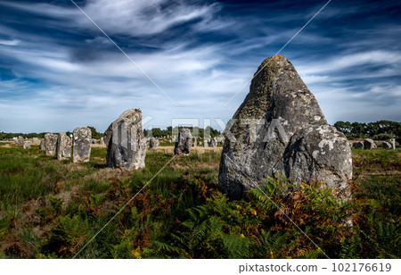 Ancient Stone Field Alignements De Menhir Carnac With Neolithic Megaliths In Brittany, France Ancient Stone Field Alignements De Menhir Carnac With Neolithic Megaliths In Brittany, France 102176619