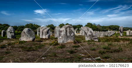 Ancient Stone Field Alignements De Menhir Carnac With Neolithic Megaliths In Brittany, France Ancient Stone Field Alignements De Menhir Carnac With Neolithic Megaliths In Brittany, France 102176623