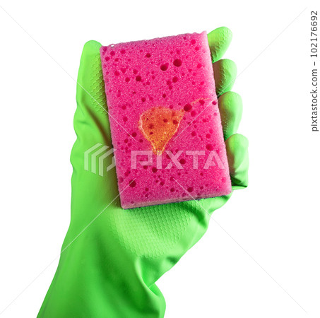 Hand in glove holding cleaning sponge with liquid fluid detergent, chemical drop for washing isolated on white background Hand in glove holding cleaning sponge with liquid fluid detergent, chemical drop for washing isolated on white background 102176692
