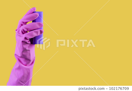 Hand in purple rubber glove holding violet washing sponge on banner background with copy space Hand in purple rubber glove holding violet washing sponge on banner background with copy space 102176709