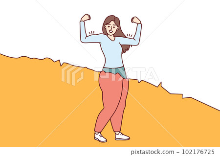 Slender woman before and after fitness shows muscles to show off weight loss after diet 102176725