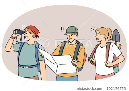 Smiling archeologists with map searching for artifacts 102176753