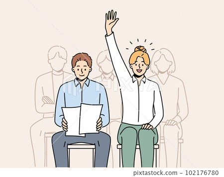Woman raise hand volunteer at team meeting Woman raise hand volunteer at team meeting 102176780