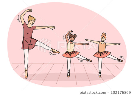 Ballet teacher and little girls dance together 102176869