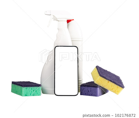 Mobile phone screen mock-up for cleaning service application, mockup with detergents, sponges Mobile phone screen mock-up for cleaning service application, mockup with detergents, sponges 102176872
