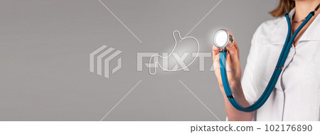 Stomach health, checkup, medical check-up on gray background, copy space for text. Stomachache, healthy inner organ Stomach health, checkup, medical check-up on gray background, copy space for text. Stomachache, healthy inner organ 102176890