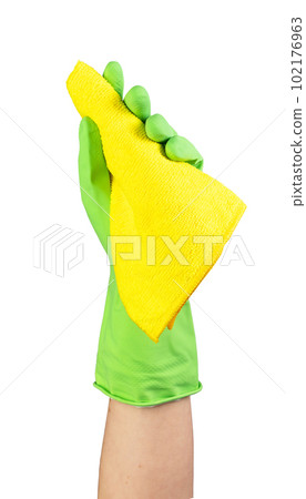 Hand in gloves holding fiber cloth for wiping, cleaning work, isolated on white background 102176963